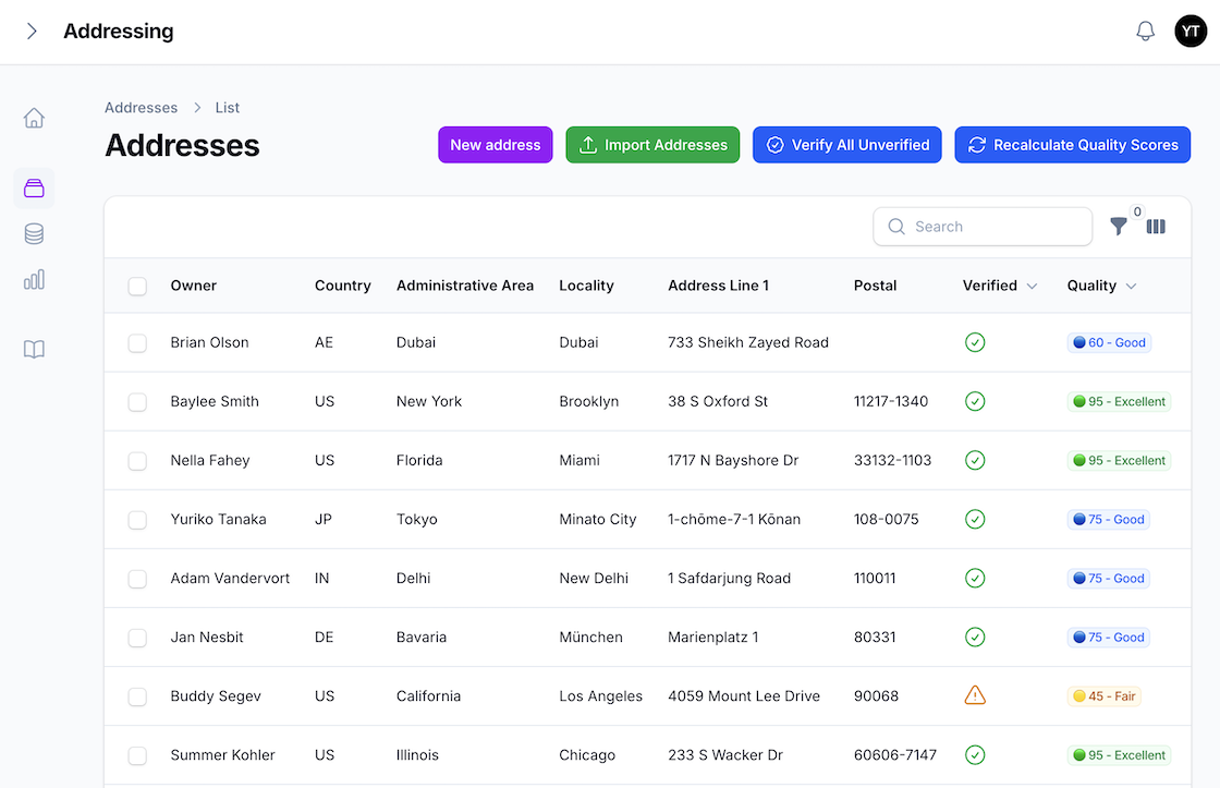Address listing with Needs Review filter