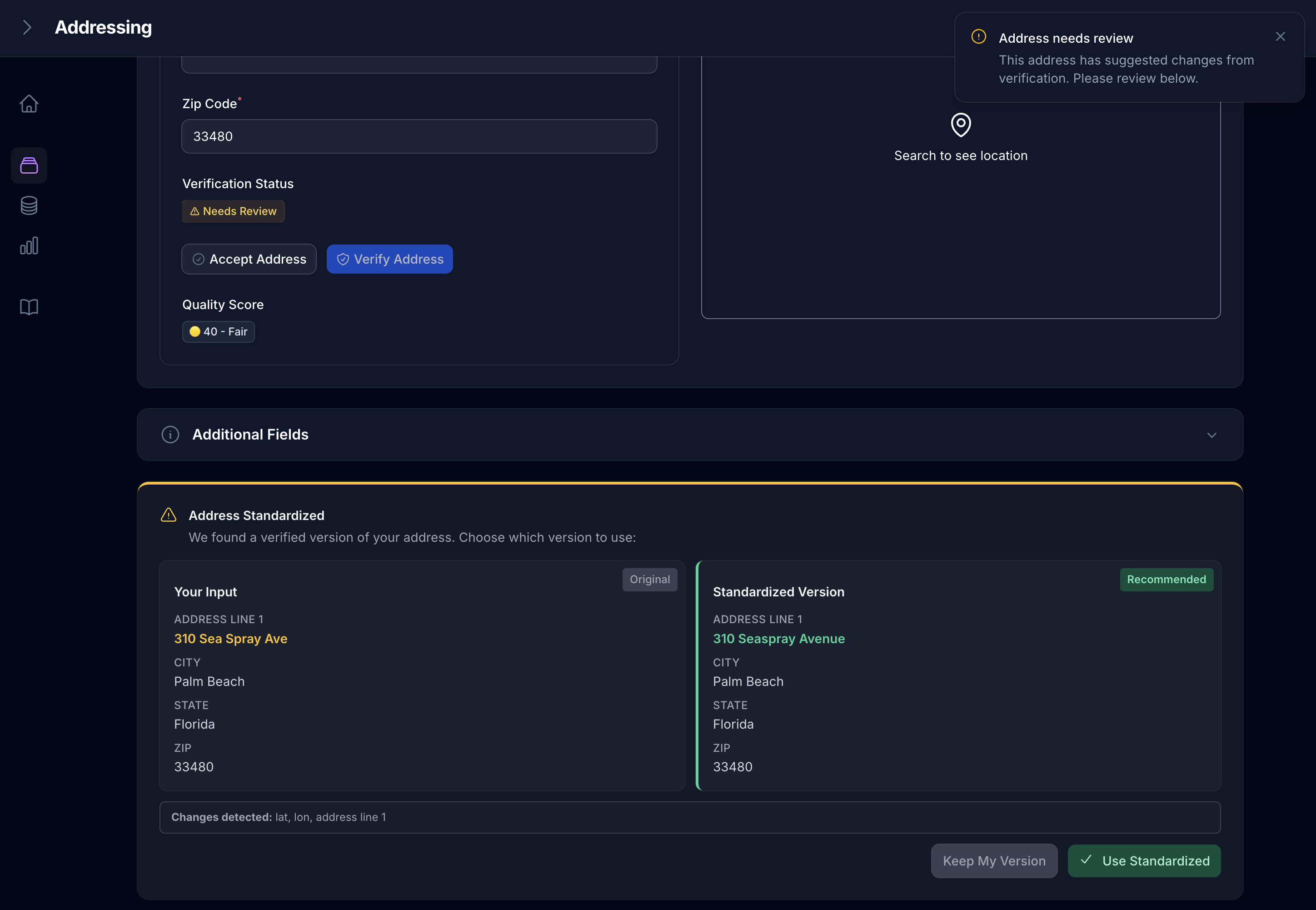 Address standardization dialog