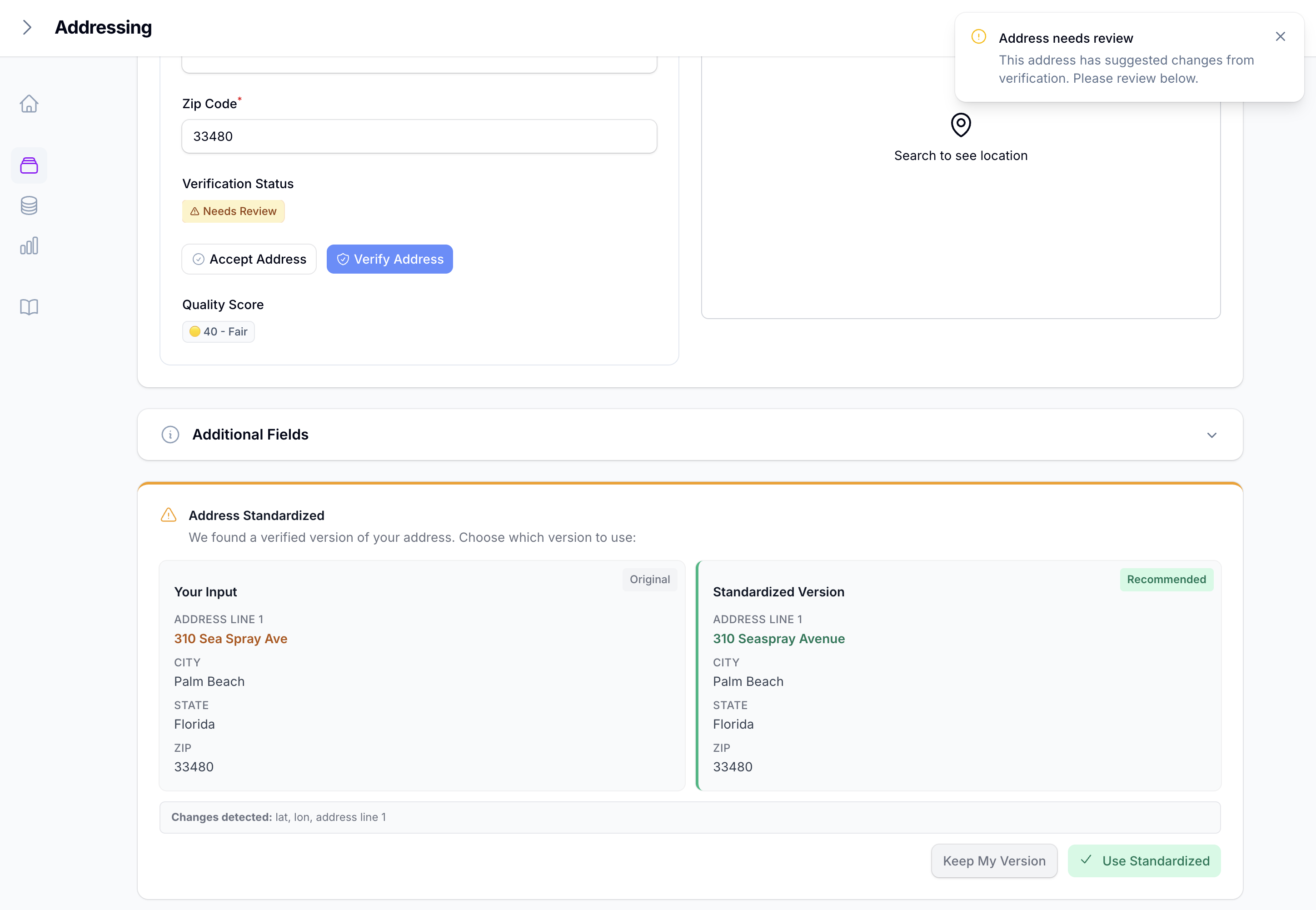 Standardization dialog — user input vs. verified version